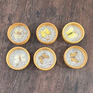 Vintage Bamboo Wicker Woven Coasters Butterfly Design Set of 6 Boho Tiki Bar‎